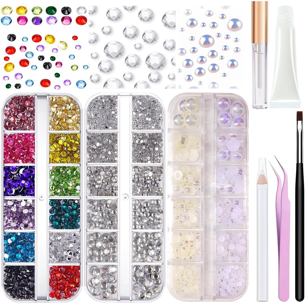 Hair Face Gems Rhinestone with Makeup Glue, Flat Back Colorful Jewels Crystal Rhinestone Half Round AB Pearl Kit, Wax Pencil Tweezer and Brush for Face Eyes Hair Body Makeup