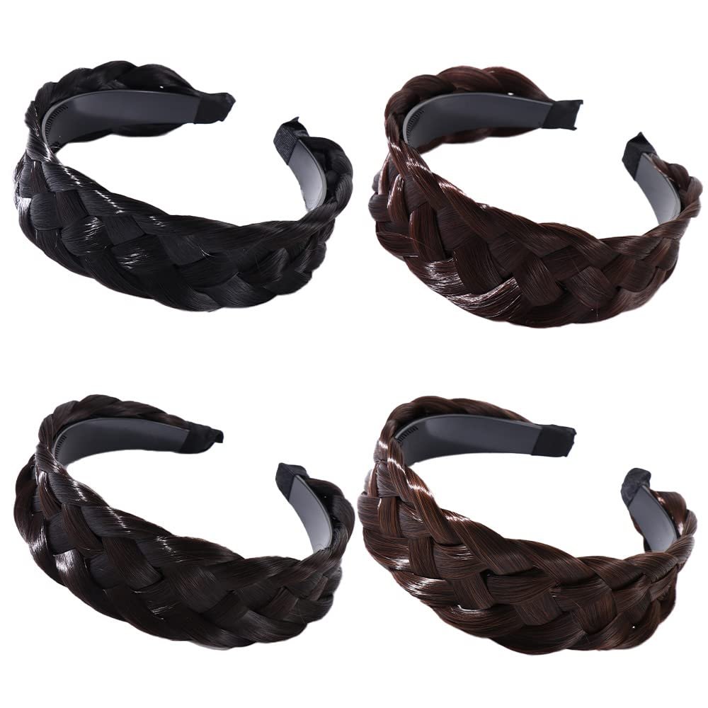 4Pcs Wig Headband,Korean Style Fishbone Braid Twist Braided Wide-brimmed Non-slip Headwear,Female Hairbands,Wide Hair Hoop,Wash Face Headband