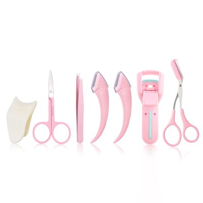 ONEUPIN 7-Piece Professional Eyebrow Grooming Kit with Razor, Tweezer, Eyelash Curler, False Eyelash Tool, Scissors, Comb - Women's Kit (Pink)