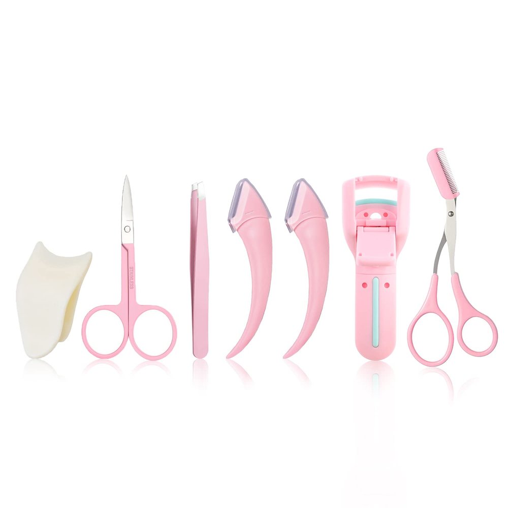 ONEUPIN 7-Piece Professional Eyebrow Grooming Kit with Razor, Tweezer, Eyelash Curler, False Eyelash Tool, Scissors, Comb - Women's Kit (Pink)