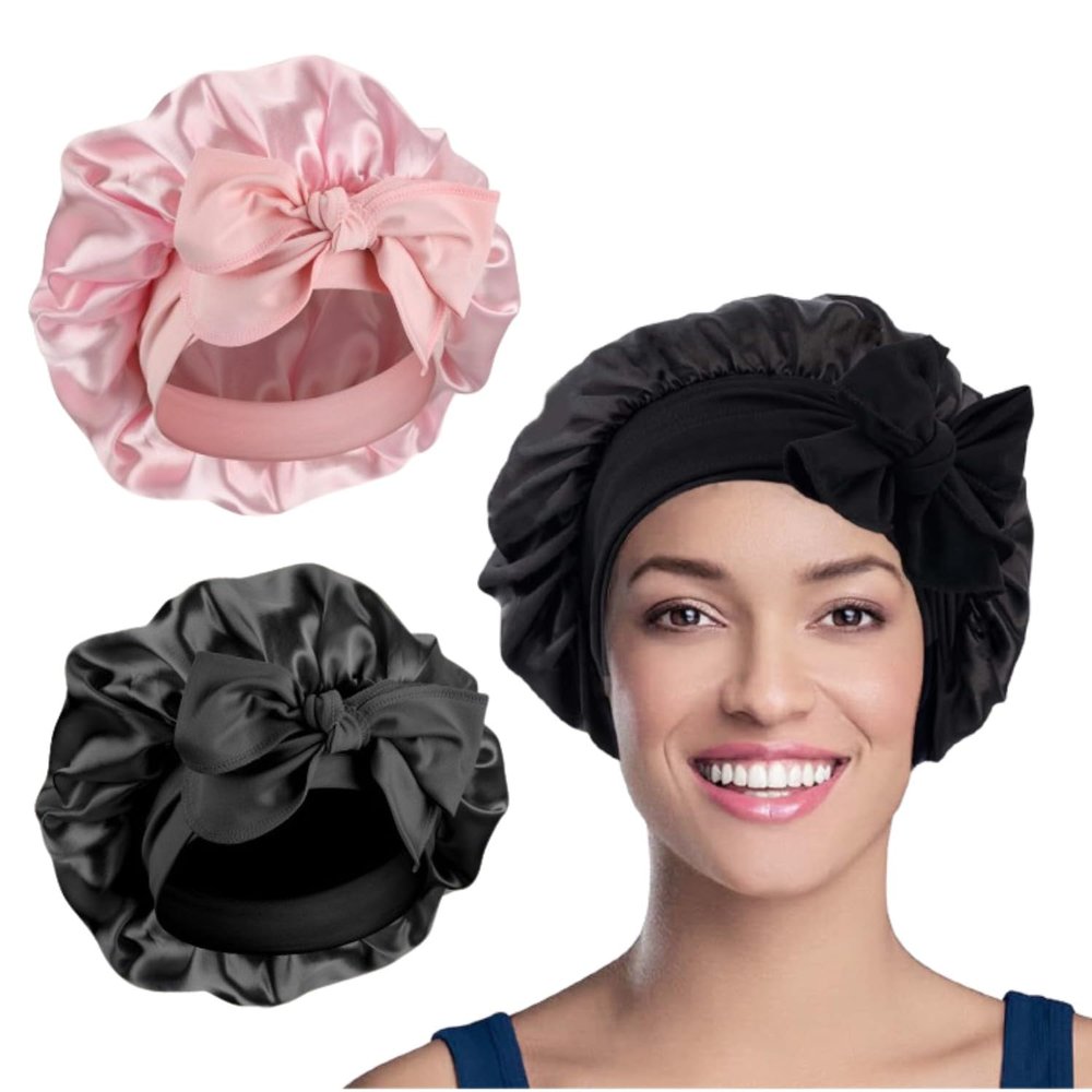 2PCS Satin Sleep Cap, Silk Bonnet Hair Wrap for Sleeping, Hair Bonnet for Bath, Tie Band for Women Long Curly Braid Hair (Black, Pink)
