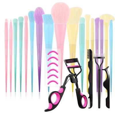Docolor Eyelash Curler Kit with 17 Pcs Colourful Makeup Brush Set Premium Gift Synthetic Kabuki Foundation Blending Face Powder Blush Concealers Eyeshadow Rainbow Make Up Brush Set
