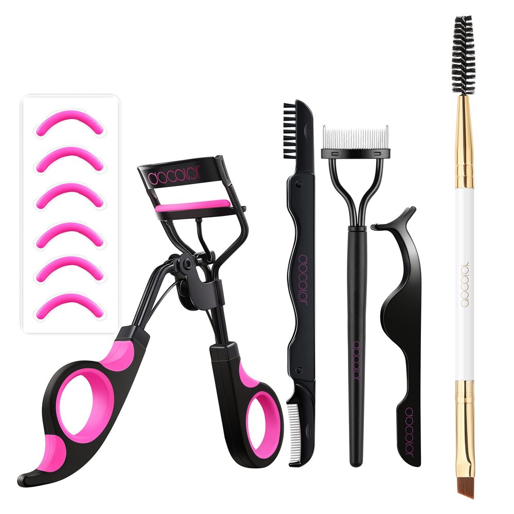 Docolor Eyelash Curler Kit with Extra Replacement Refill Pads and Duo Eyebrow Brush Professional Angled Eye Brow Brush and Spoolie Brush