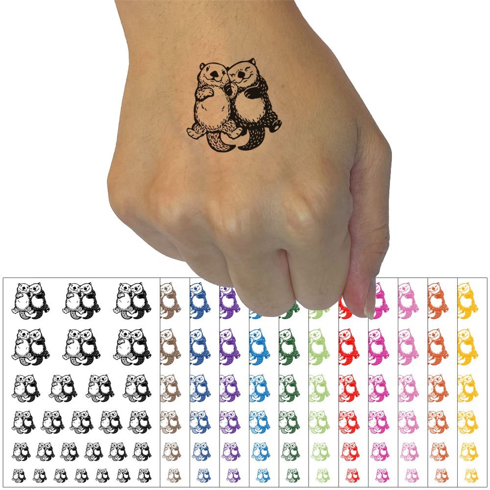 Otter Couple Holding Hands Love Anniversary Valentine's Day Temporary Tattoo Water Resistant Fake Body Art Set Collection - Light Blue (One Sheet)