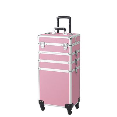 4-in-1 Draw-bar Style Interchangeable Aluminum Rolling Makeup Case Pink (13.78 x 9.84 x 29.53)