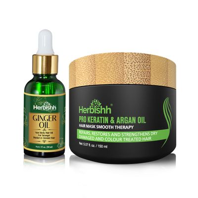 Herbishh H2 Combo (Condition + Hair Growth) with 150g Pro Keratin Hair Mask and 30ml Ginger Hair Growth Serum for Men & Women | Rejuvenating Treatment for Dry & Weak Hair