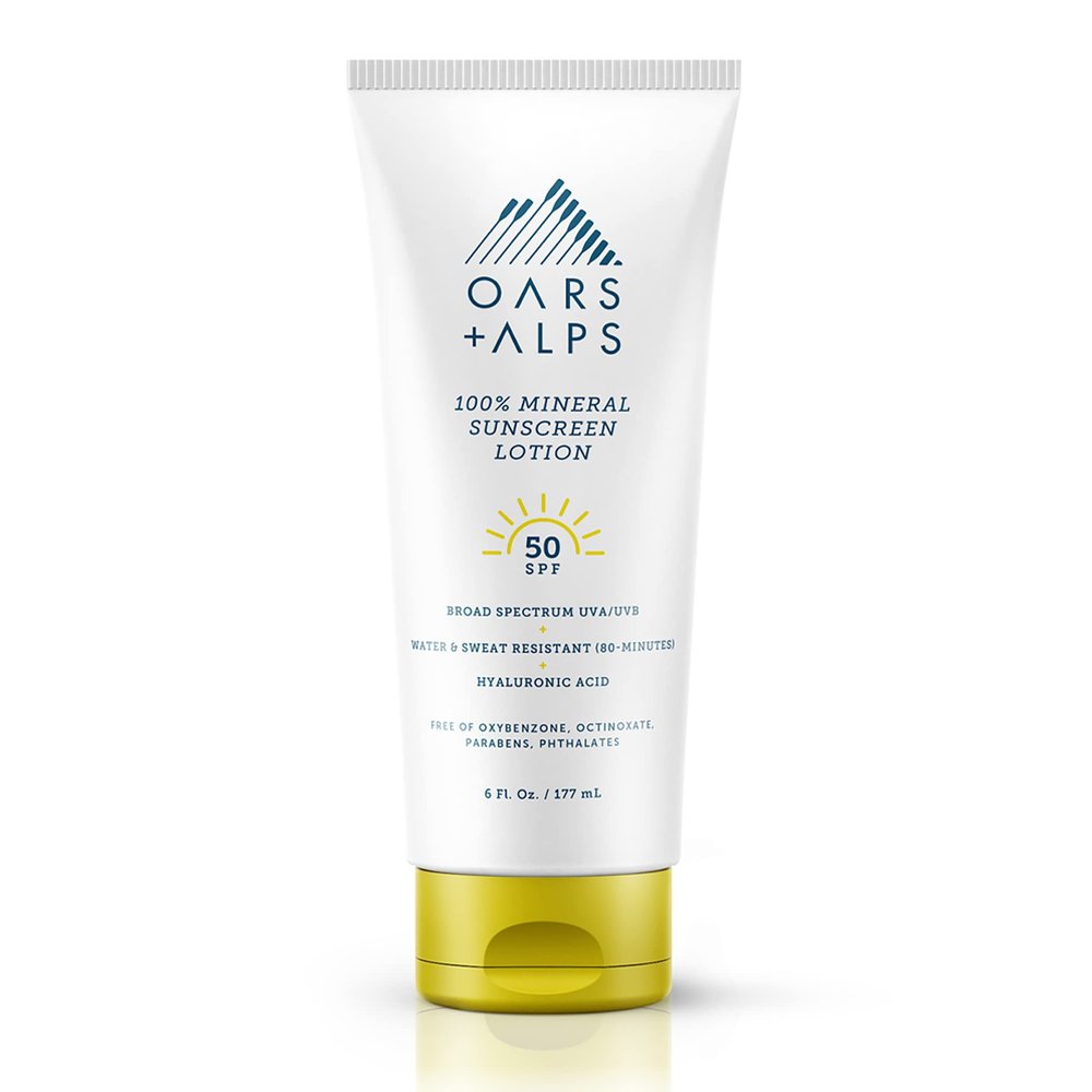Oars + Alps 100% Mineral Sunscreen for Face & Body Lotion, SPF 50 Body Sunscreen Infused with Hyaluronic Acid, Shea Butter & Coconut Oil, All Skin Types, Water & Sweat Resistant, 6oz