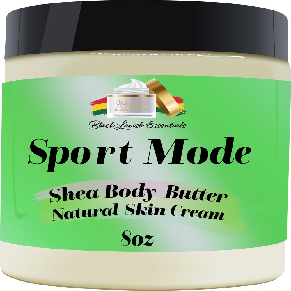 Black Lavish Essentials Ultra-Soft Shea Body Butter, Dry Skin Cream for Radiant Moisturized Skin, Natural Hydrating Body Lotion with Aloe Vera, Argan Oil, Rosehip Oil, (Sport Mode, 8oz)