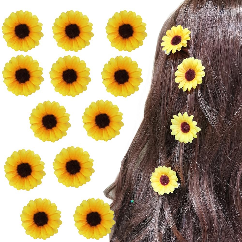 [12 Packed] Women Sweet Mini Sunflower Side Hair Clip Beach Wedding Flower Bridesmaid Hair Accessory