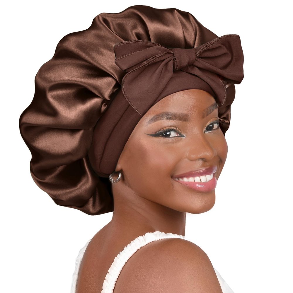 YANIBEST Silk Bonnet for Sleeping Women Adjustable Double Layer Satin Bonnet Reduce Friction Prevent Frizz Natural Curly Hair, Brown