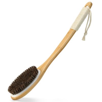 eaxun Bamboo Shower Brush with Curved Long Handle, 16.7 Inches Exfoliating Back Scrubber with Natural Bristles for Men & Women, Back Exfoliator Body Washer for Bath or Dry Brushing