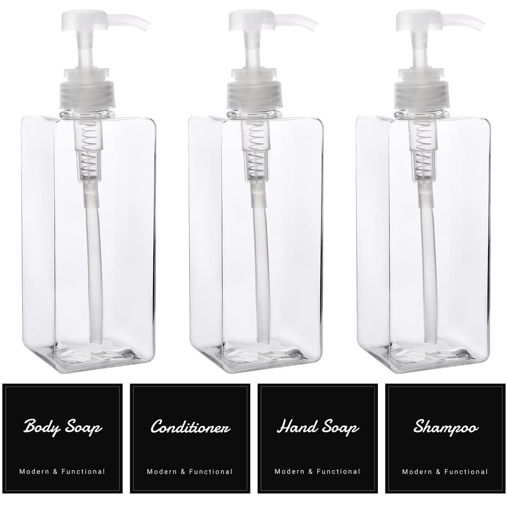 Suream 22oz Refillable Shampoo and Conditioner Bottles Set, 650ml Clear Plastic Pump Bottles with 20 Labels, Square Empty Bathroom Bottle for Body Wash, Essential Oil, Soap Liquid, Lotion3Pack