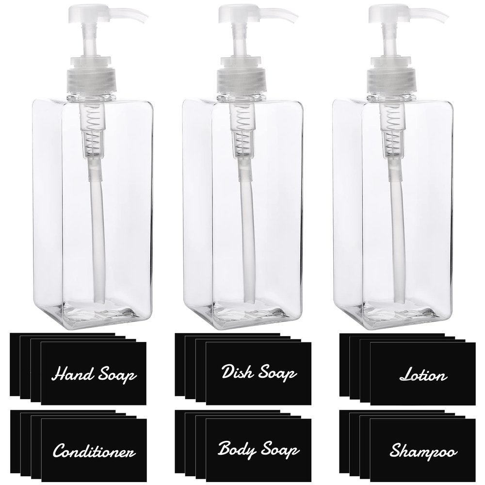 Suream 22oz/650ml Refillable Pump Press Bottles,24PCS Waterproof Labels for Plastic/Glass Bottles,3Pack Square Empty Bathroom Bottle for Shampoo, Soap, Lotion, Conditioner, Home Organization