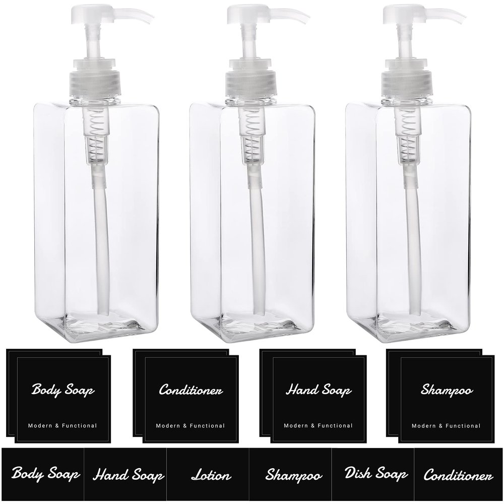 Suream Clear Plastic Shampoo Bottles, 3-Pack 22oz/650ml Empty Pump Bottles with 26PCS Black Waterproof Labels, Shampoo and Conditioner Dispensers for Kitchen, Bathroom, Office, Travel, Restaurant