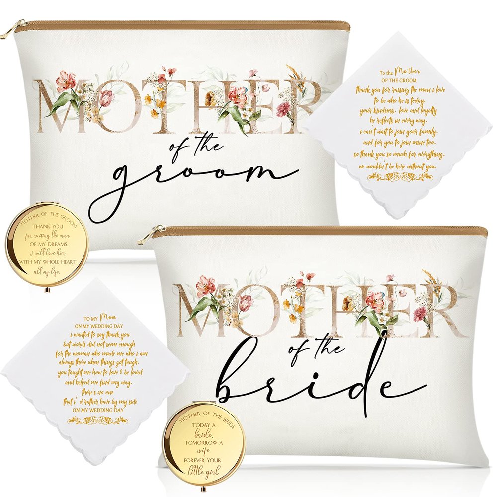 Coume 6 Pack Mother of The Bride Gifts Mother of The Groom Gifts Set with 2 Flower Themed Cosmetic Bags 2 Makeup Mirror 2 Handkerchiefs for Women Wedding Engagement Proposal Bridal Shower