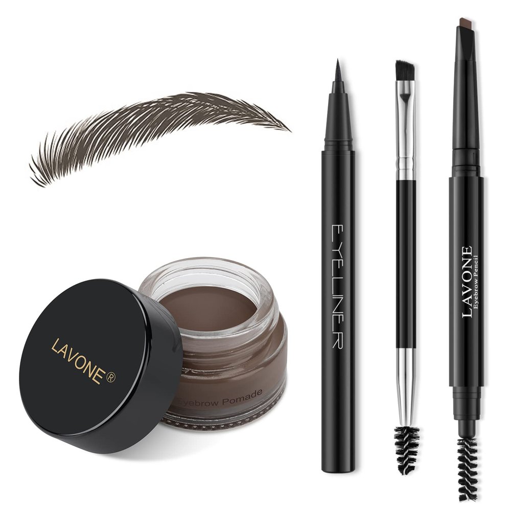 LAVONE Eyebrow Stamp Pencil Kit for Eyebrows, Makeup Brow Stamp Trio Kit with Waterproof Eyebrow Pencil, Eyeliner, Eyebrow Pomade, and Dual-ended Eyebrow Brush - Black Brown