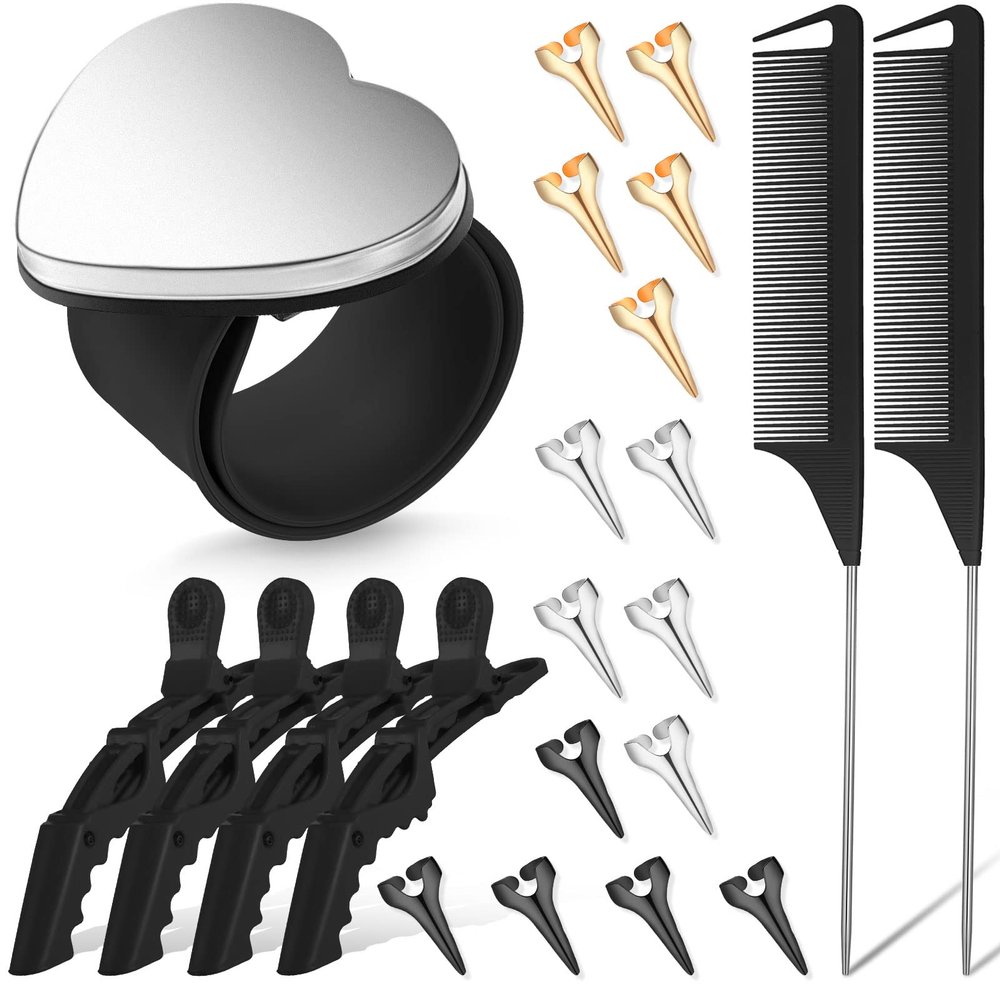 22 Pces Hair Braiding Tools with Magnetic Wrist Sewing Pincushion Pin Wristband Stainless Pintail Rat Tail Comb Sectioning Alligator Clips Stitch Braiding Finger Ring Tool Christmas Salon Home(Black)