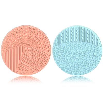 2 Pieces Silicone Makeup Brush Cleaner, YalsFTY Cosmetic Brush Scrubber Mat Pad Cleaning Tool, Dual-Sided Functionality to Accommodate All types of Brushes, Powder Puffs and Sponges (Blue & Peach)