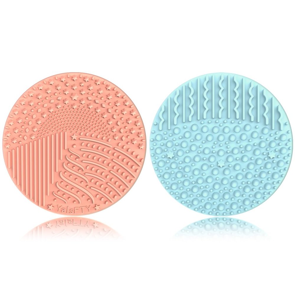 2 Pieces Silicone Makeup Brush Cleaner, YalsFTY Cosmetic Brush Scrubber Mat Pad Cleaning Tool, Dual-Sided Functionality to Accommodate All types of Brushes, Powder Puffs and Sponges (Blue & Peach)