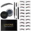 LAVONE Eyebrow Stamp Stencil Kit - Brow Stamp Trio with Waterproof Pencil, Pomade, 20 Stencils, Dual-ended Brush and Sponge Applicator - Dark Black view 1