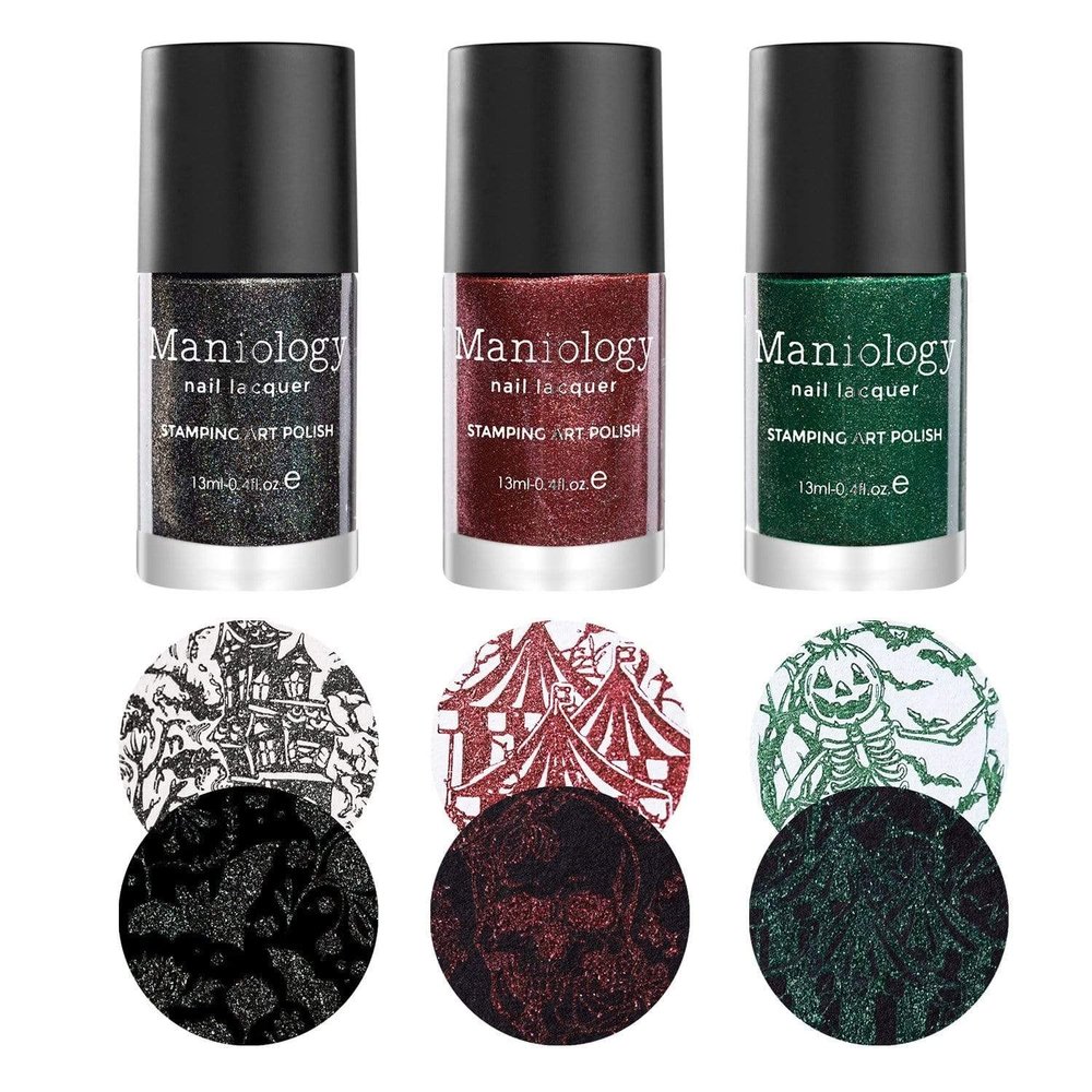 Maniology Wicked Sand Stamping Polish Set | 3-Piece Halloween Metallic Colors (Red, Dark Green, Black)  13ml Bottles of Textured Sand Finish for Spooky Nail Art Designs & DIY Manicures