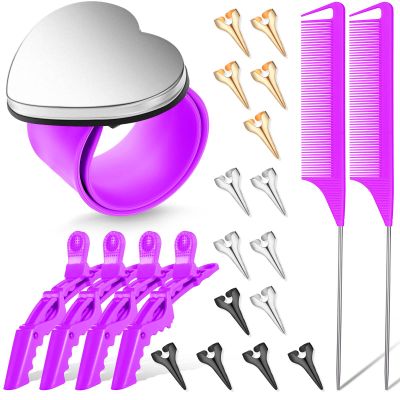 22 Pieces Magnetic Wrist Sewing Pincushion with Braiding Tools, Stainless Steel Pintail Rat Tail Comb, Wide Teeth Alligator Sectioning Clip, and Hair Parting Ring for Hair (Purple)