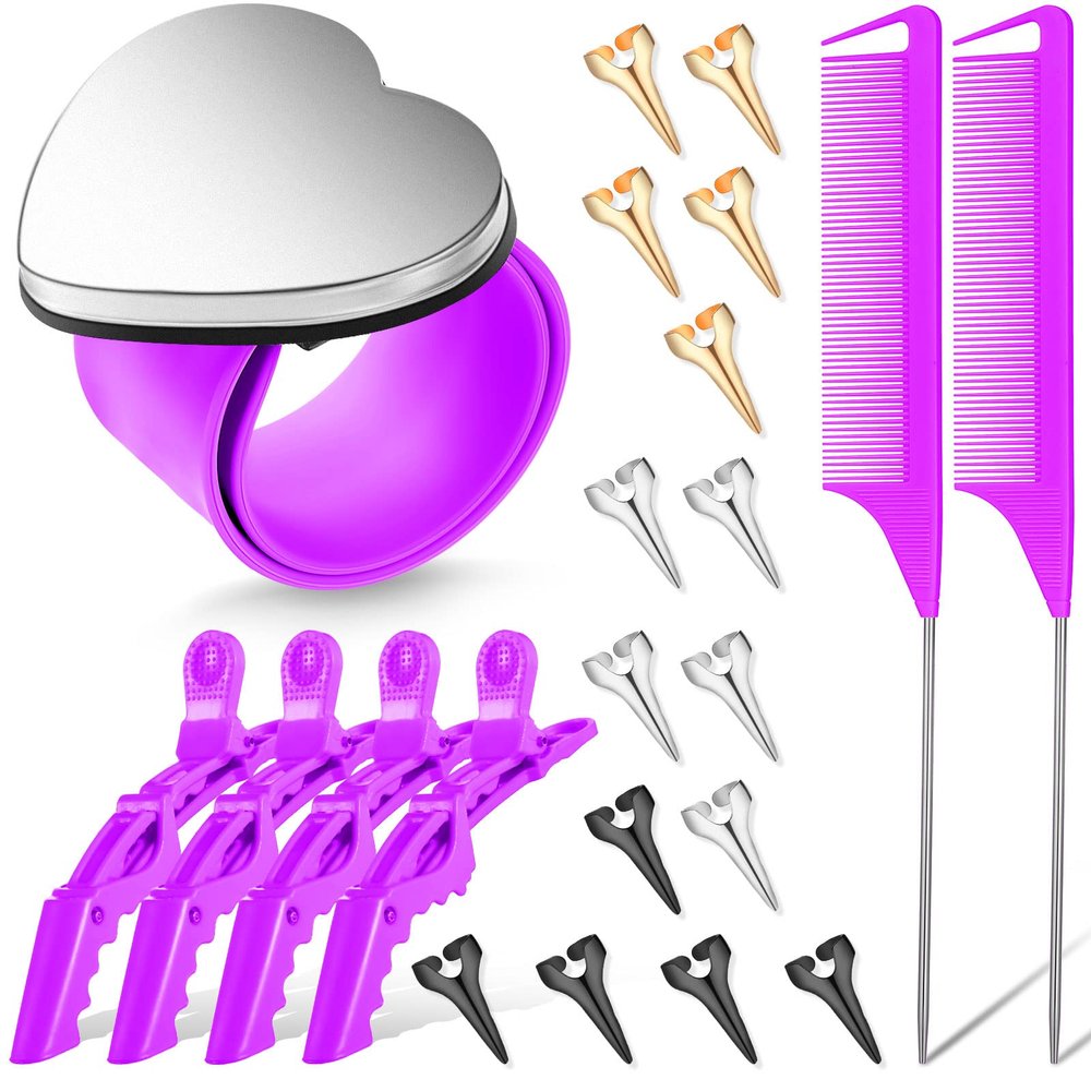 22 Pieces Magnetic Wrist Sewing Pincushion with Braiding Tools, Stainless Steel Pintail Rat Tail Comb, Wide Teeth Alligator Sectioning Clip, and Hair Parting Ring for Hair (Purple)