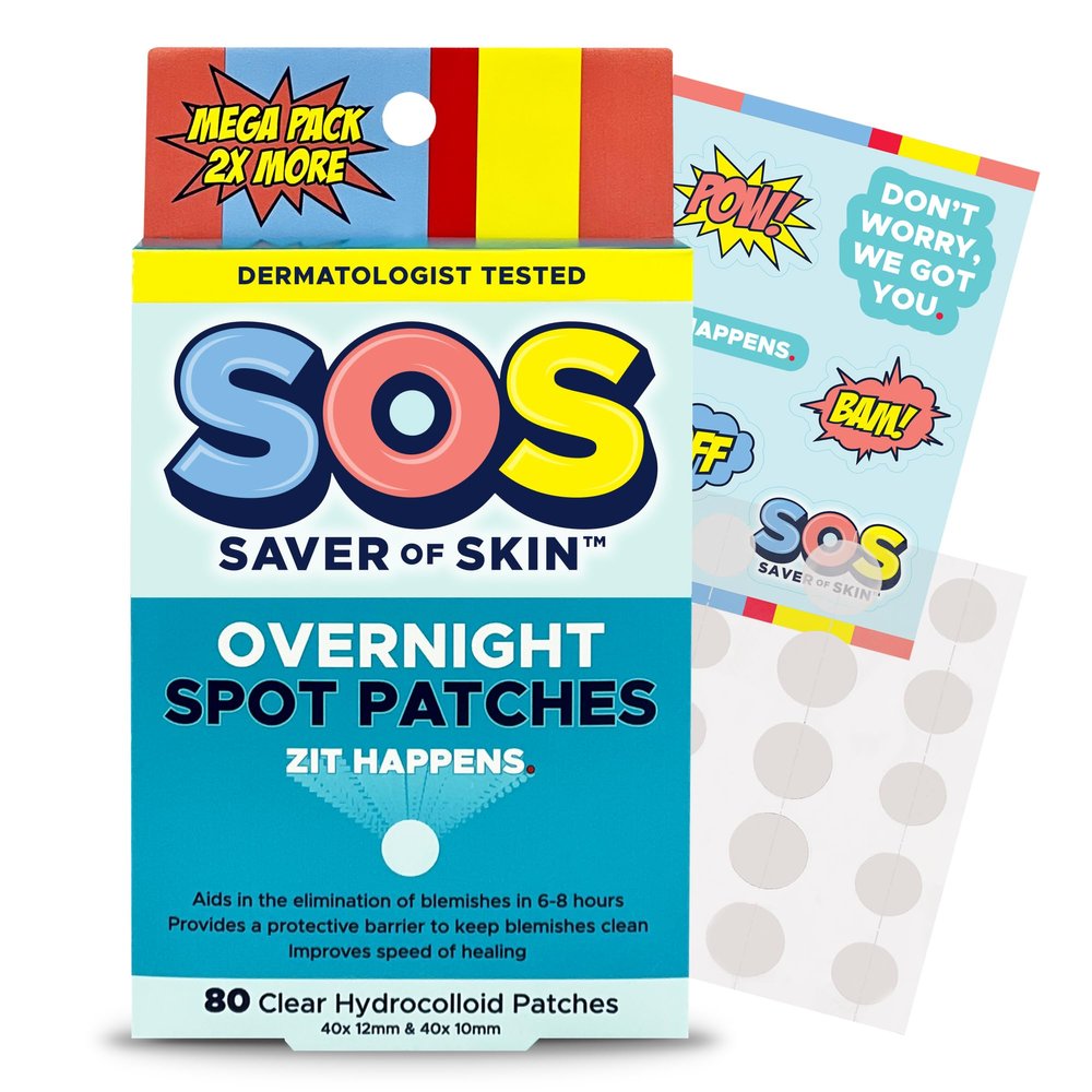 SOS SAVER OF SKIN, Blemish Patches, Fast Working Hydrocolloid Acne Patches for Covering Pimples, Zits, and Blemishes on Face and Skin, Absorb Fluids, Latex Free, Vegan (80, Transparent)