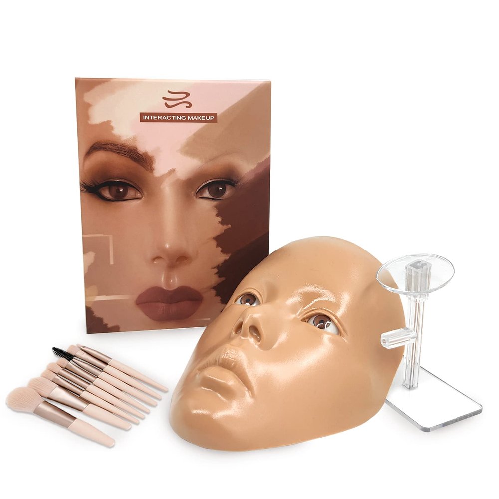 3D Makeup Practice Face,Reusable Makeup Mannequin Face with Makeup Brushes Set,Silicone Full Face Practice Eyelash Eye Shadow,for Emerging Makeup Artist,for Girl's Gift