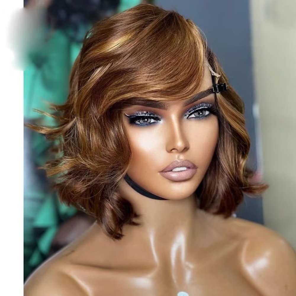 13x6 HD Transparent Lace Front Human Hair Wigs #27#30 Color Side Part Brazilian Remy Highlight Short Bob Cut Human Hair Wig Wave For Black Women Pre Plucked Bleached Knots 150% Density 12Inch