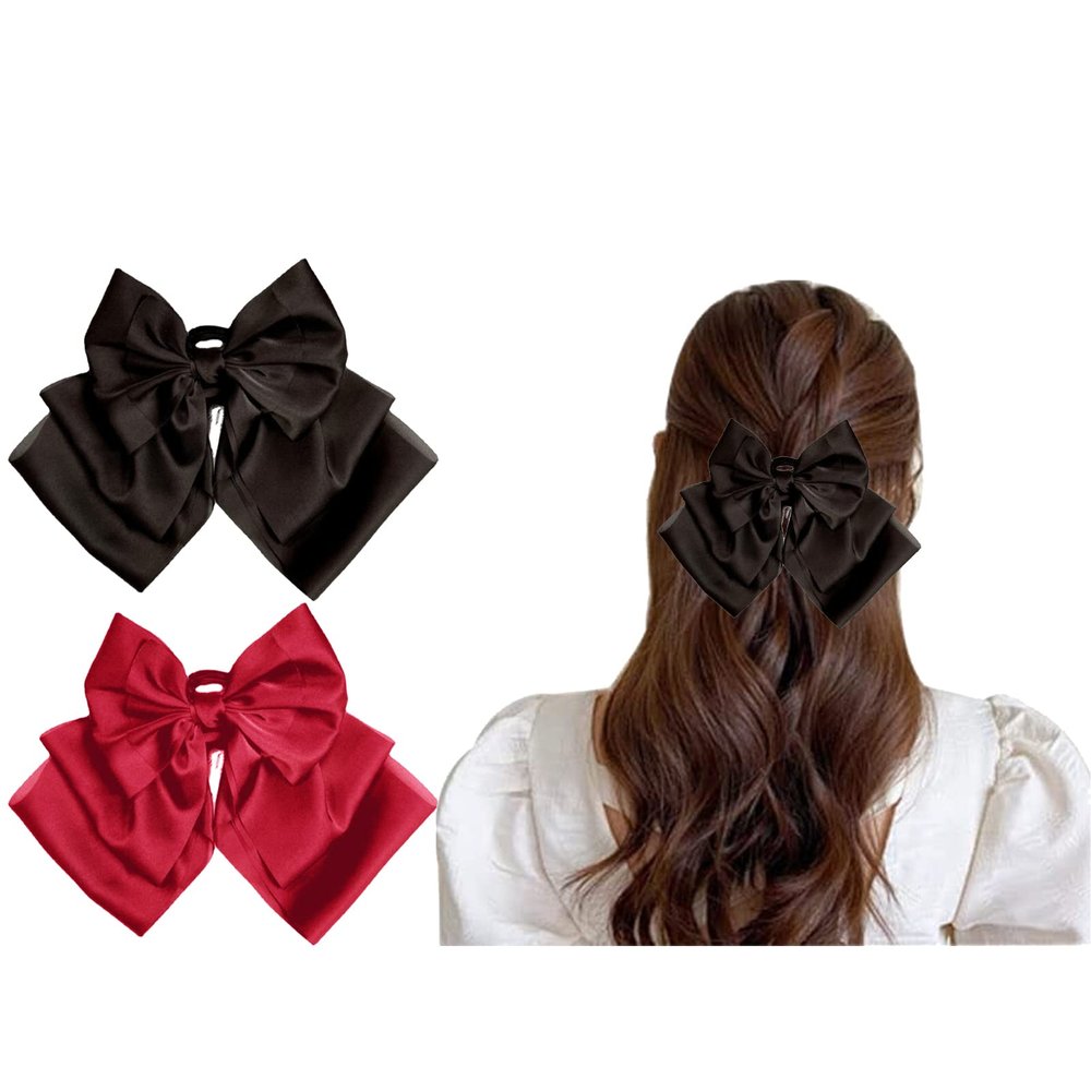 Bow Hair Claw, 2 Pcs Red Black Plastic Hair Claw Clips, Large Claw Clips for Thcik Thin Hair, Strong Hold Banana Clips for Women Girls