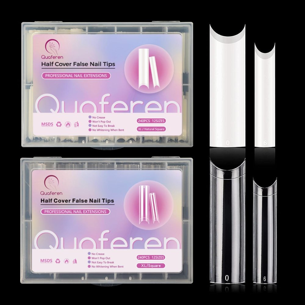 480PCS XL Extra Long C Curve Nail Tips, 2 Packs Natural and Clear Acrylic Nail Tips for Acrylic Nails Professional Set, Half Cover Square Straight Press on False Nail Tips for Nail Art 12 Sizes Box