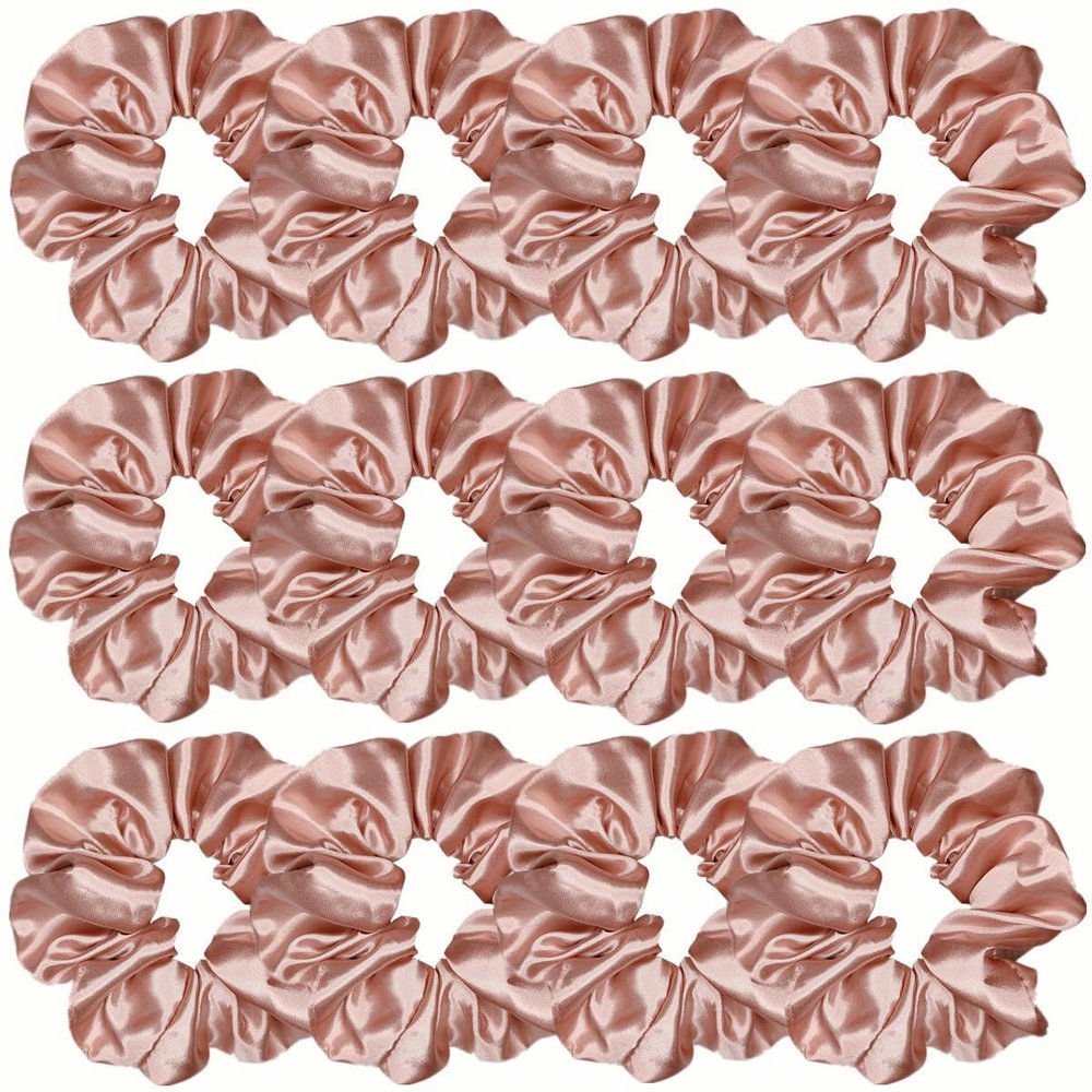 12 Pcs Satin Silk Scrunchies, Soft Hair Ties, Fashion Bands, Bows, Ropes, Elastic Bracelets, Ponytail Holders for Women and Girls (4.5 Inch, Rose Gold)