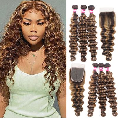 10A Raw Human Hair Bundles with Closure Brazilian Loose Deep Wave-16 18 20+16 Inch, 4x4 Loose Wave Lace Closure with Quick Weave Human Hair Ombr Highlighted Bundles P4/27 Honey Blonde Brown Color