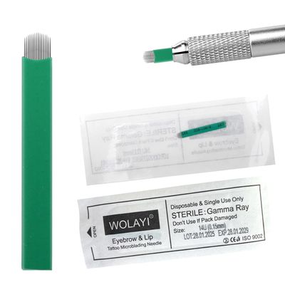 WOLAYI 14U 30pcs Microblading Needles Nano 0.15mm-Thinnest Blade On The Market, Permanent Makeup Manual Eyebrow Tattoo Needlewith Expiration Date and Lot Number (Green 14U.15)