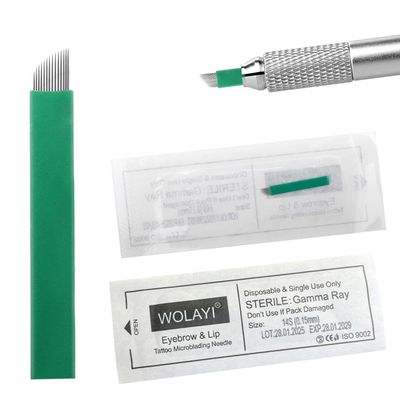 WOLAYI 14S 30pcs Microblading Needles Nano 0.15mm-Thinnest Blade On The Market, Permanent Makeup Manual Eyebrow Tattoo Needlewith Expiration Date and Lot Number (Green 14S.15)