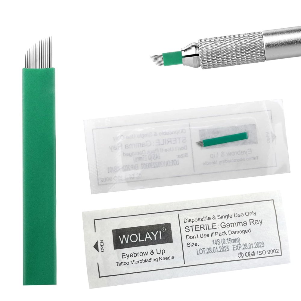 WOLAYI 14S 30pcs Microblading Needles Nano 0.15mm-Thinnest Blade On The Market, Permanent Makeup Manual Eyebrow Tattoo Needlewith Expiration Date and Lot Number (Green 14S.15)