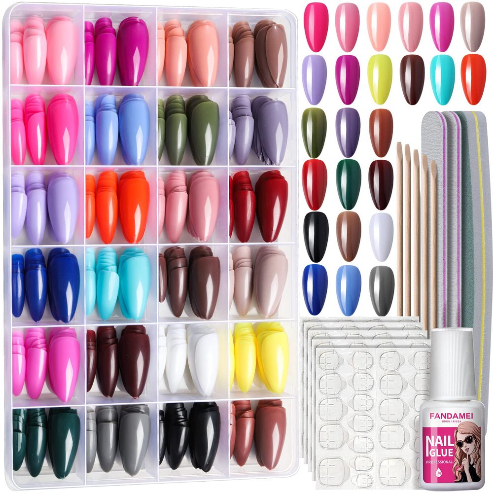 FANDAMEI Press on Nails, 24 Colors 576PCS Press on Nails Almond, Medium Acrylic Fake Nails Full Cover, Natural Glossy, False Nails with Nail Glue