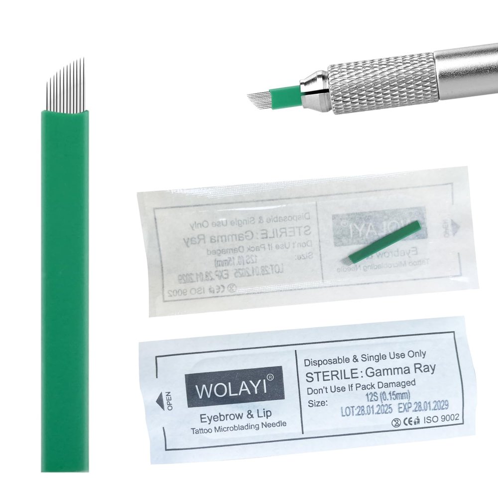 WOLAYI 12S 30pcs Microblading Needles Nano 0.15mm-Thinnest Blade On The Market, Permanent Makeup Manual Eyebrow Tattoo Needlewith Expiration Date and Lot Number (Green 12S.15)