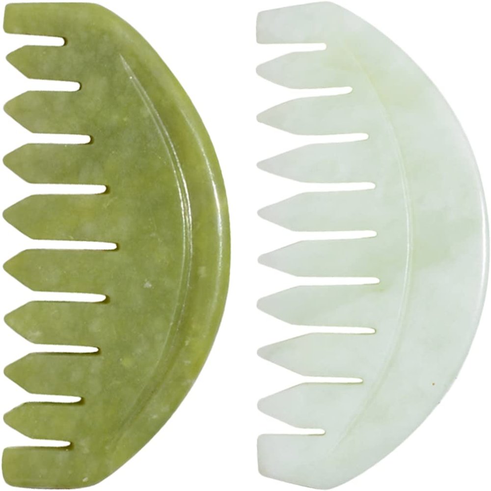 Beavorty 2pcs Jade Massage Comb Meridians Gua Tool for Scalp Relaxation Smooth Polished Jade for Body Massage for Home and Travel Use