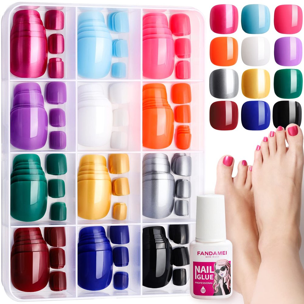 FANDAMEI Press on Toenails, 12 Packs 288PCS Press on Toe Nails Glossy, Short Square Fake Toe Nails Full Cover, Acrylic False Toenails for Feet, 12 Bright Color Fake Toenails for Summer Nail Art