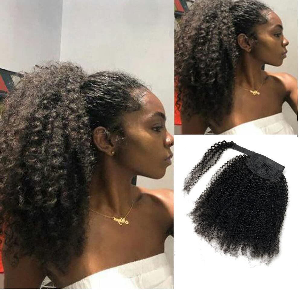 RemeeHi Brazilian Afro Curl Kinky Curly PonyTail With Wrap Around Magic Tape Hair Clip in Ponytail Hairpiece Extensions For Women 12 Inch 1b# Natural black
