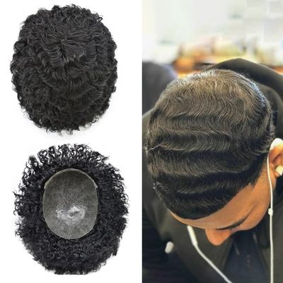 Afro Curly Toupee For Black Men Full Poly Injected PU Skin African American Human Hair Replacement System Glueless Base Afro Kinky Curl Men Hair Units (14MM, 1# JET BLACK)