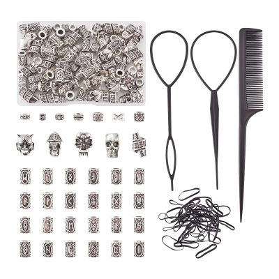Crafans 104Pcs Alloy Dreadlock Beads for Hair, Braid Beads Hair Jewelry Kit with Tibetan Large Hole Beads Elastic Hair Ties Tail Comb Hair Bun Maker for Women Hair Braids Jewelry Making