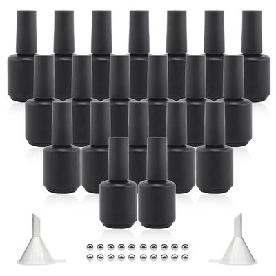 Agidea Empty Gel Nail Polish Bottles 15ML with Brush, Opaque Round Refillable Fingernail Polish Bottles UV Safe with Mixing Balls & Funnels, Pack of 20 (Matte Black)