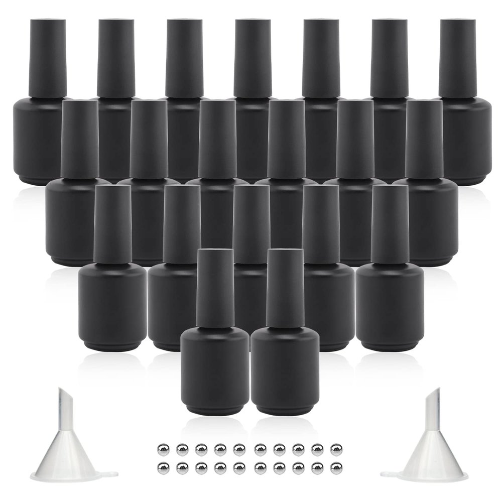 Agidea Empty Gel Nail Polish Bottles 15ML with Brush, Opaque Round Refillable Fingernail Polish Bottles UV Safe with Mixing Balls & Funnels, Pack of 20 (Matte Black)