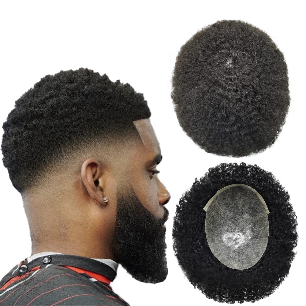 Afro Curly Toupee For Black Men Full Poly Injected PU Skin African American Human Hair Replacement System Glueless Base Afro Kinky Curl Men Hair Units (6MM, 1B# OFF BLACK)