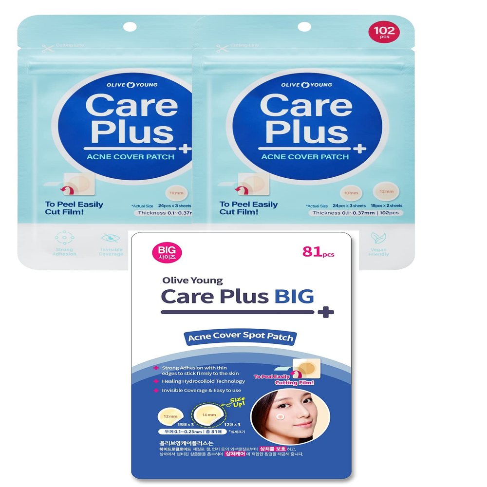 OLIVE YOUNG | Care Plus Spot Patch 2 Pack (204 Count) + Care Plus Large Size Korean Spot Pimple Patches 1Pack(81 Count)