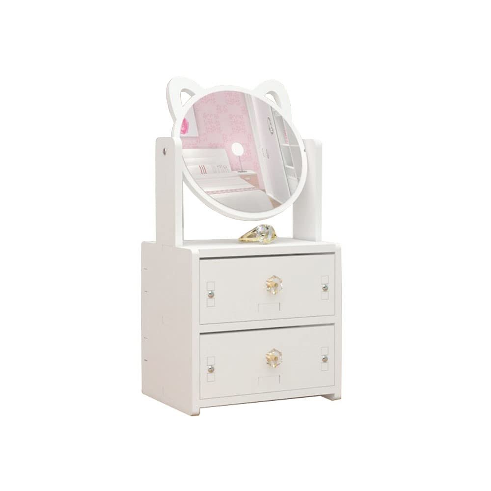 Alunsito Makeup Organizer with Cabinet and Lipstick Shelf Box, Cat Ear Mirror, Cosmetics Storage Box, Dormitory Desktop Dresser, Jewelry Organizer