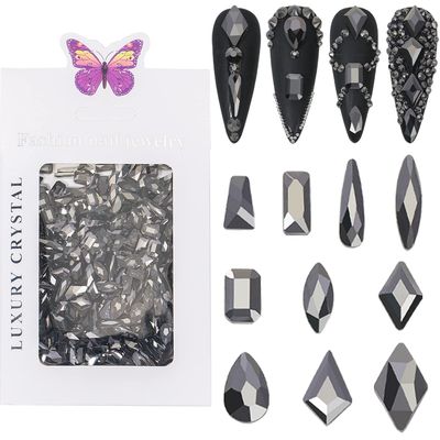 HNUIX Nail Rhinestones - 300pcs Crystals Black, Multiple Shape Gems, Flat Back Rhinestones, for Nail Art
